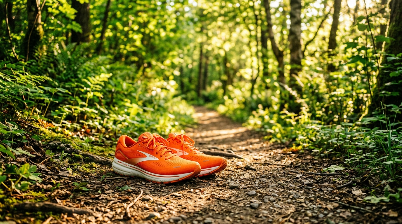 Běžecké boty na lesní cestě v ranním světle
