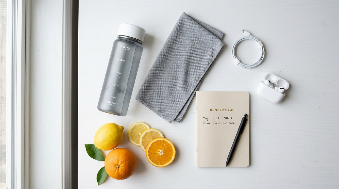 Běžecké vybavení a láhev na vodu na stole